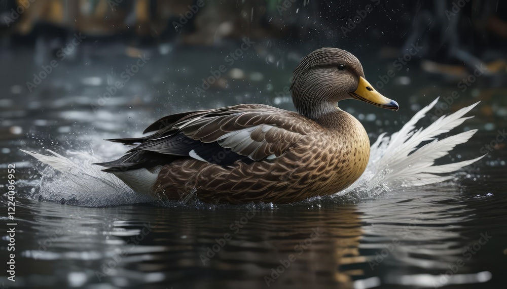 A Spot Billed Duck dives into the rainwater with feathers glistening , rainwater, duck, calm A Spot Billed Duck dives into the rainwater with feathers glistening , rainwater, duck, calm