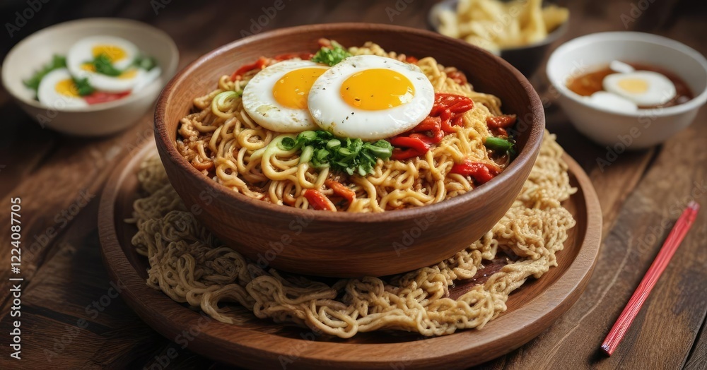 A steaming hot bowl of fried instant noodles smothered in a spicy and savory chili sauce topped with a perfectly cooked egg on a weathered wooden platter, instant noodles, hot, wood