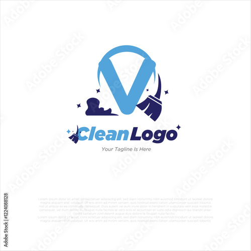 v initial letter combine with broom for cleaning service, house maintenance, repair, housecleaning, logo vector template concept