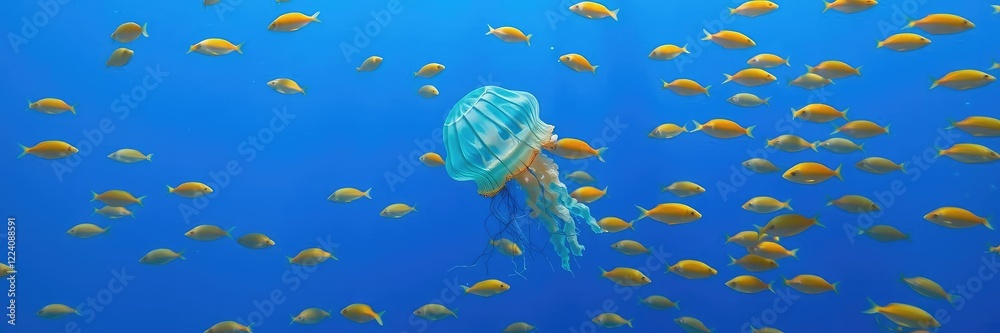 Fototapeta premium A stunning teal blue jellyfish floating gently in the ocean surrounded by schools of yellow and orange fish, jellyfish, ocean