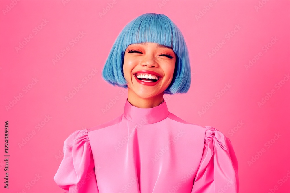 Lovely smiling mixed-race girl - for ads, alley poster and web marketing use. Commercial advertising concept art art. Short hairdo - blue hair. Colored hair campaign ads. Chic hair campaigns. Lovely smiling mixed-race girl - for ads, alley poster and web marketing use. Commercial advertising concept art art. Short hairdo - blue hair. Colored hair campaign ads. Chic hair campaigns.