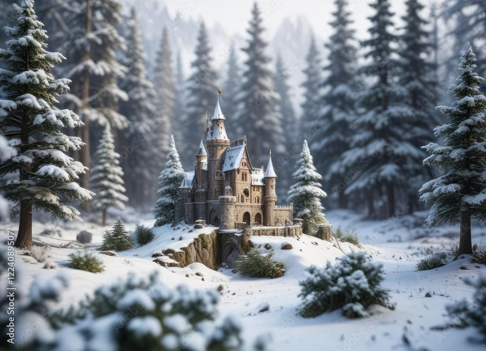 Fototapeta premium A tiny toy castle in the midst of a snow-covered forest, tiny castle, peaceful environment
