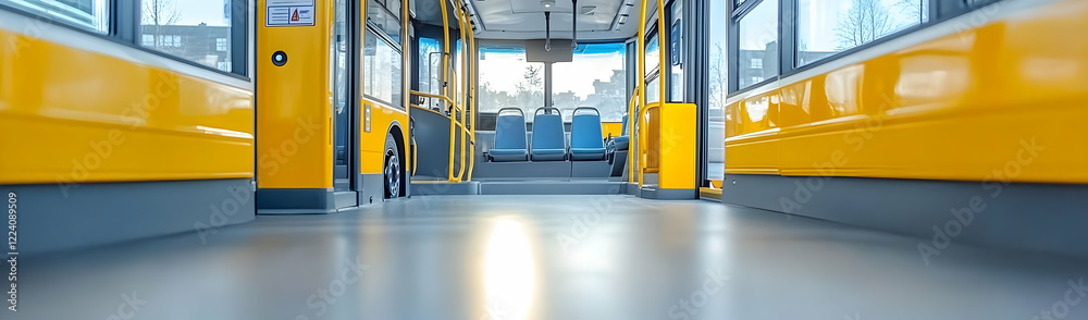 Fototapeta premium Empty yellow bus interior, city view, transport