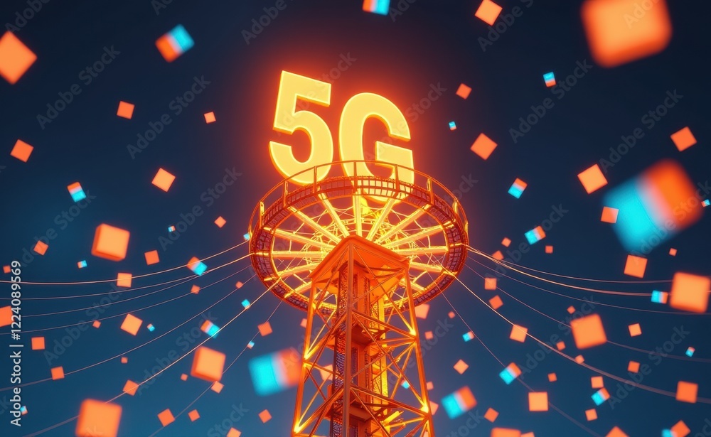 Fototapeta premium A glowing 5G tower with wireless signal icons surrounded by interconnected digital devices, representing advanced network technology and high-speed communication.