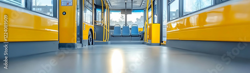Empty yellow bus interior, city view, transport