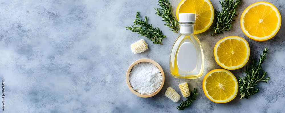 Citrus oil, baking soda, rosemary, grey backdrop Citrus oil, baking soda, rosemary, grey backdrop