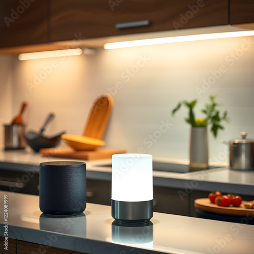 A sleek smart home speaker is prominently placed on a modern kitchen counter, glowing softly with ambient light. The warm evening ambiance enhances the culinary environment photo