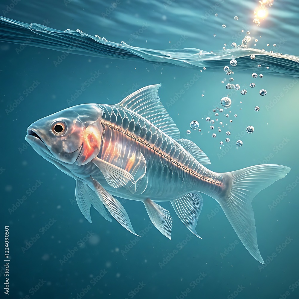 Floating Transparent Fish – A realistic, fully transparent fish with visible internal organs and glowing fins, swimming in crystal-clear water with soft lighting effects.ai generative