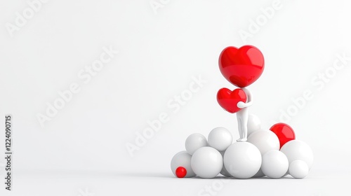 3D figure with heart, standing on spheres, white background; Valentine's concept, love, romance