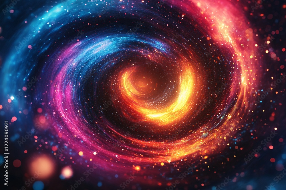 A vibrant swirling cosmic nebula with fiery orange and cool blue hues A vibrant swirling cosmic nebula with fiery orange and cool blue hues