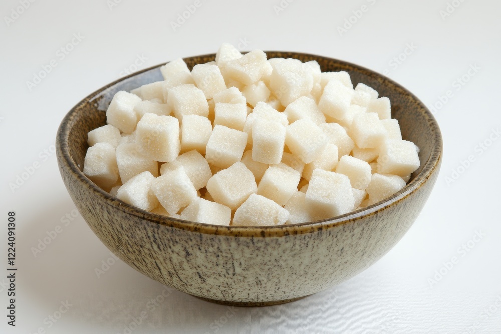 A bowl filled with white sugar cubes on a white background A bowl filled with white sugar cubes on a white background