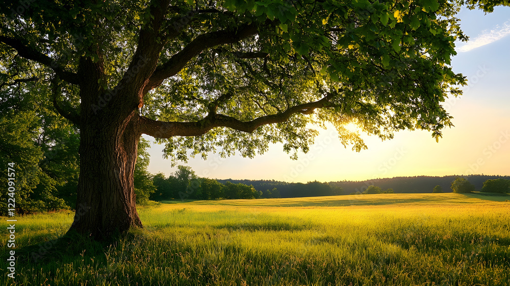 Expansive Oak Tree in Sunlit Meadow Capturing Nature's Beauty and Solitude : Generative AI