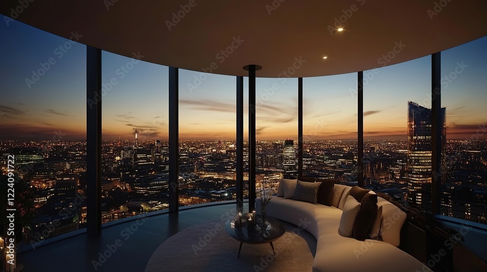 Fototapeta premium Wide-Angle View of a Luxury Apartment at Sunset