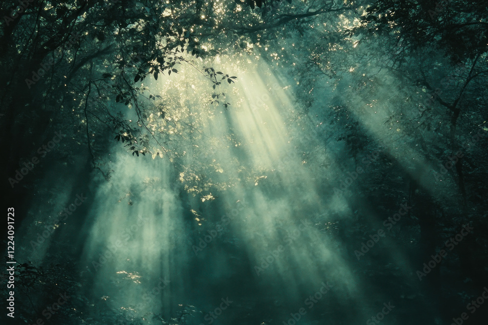 Sunlight streaming through dense forest canopy, illuminating lush green foliage and creating dappled shadows on the ground below.