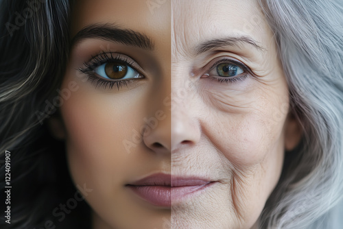 A portrait split a woman showing old and youth age. Two parts of the life aging human comparison two halves. Generative AI.