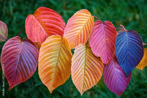 A vibrant composition of autumn leaves in fiery hues, set against a blurred grassy background. photo