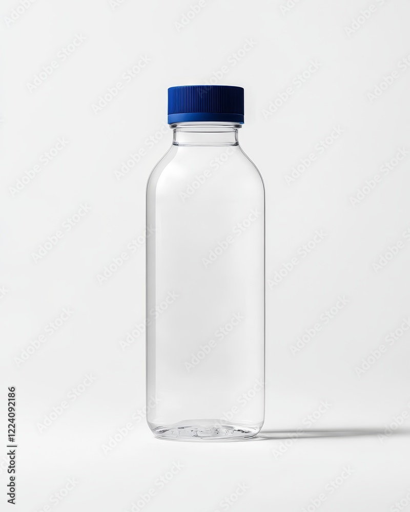 Clear plastic bottle with a blue cap on white background. Clear plastic bottle with a blue cap on white background.