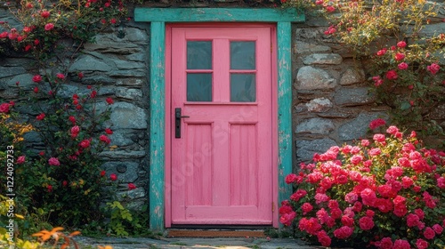 Charming Pink Door in a Stone Wall Garden