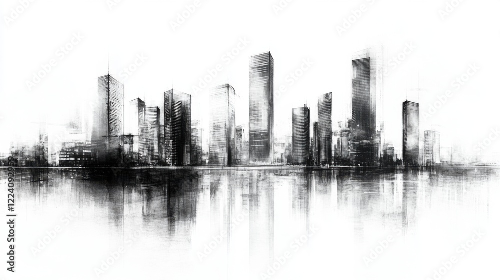 Fototapeta premium High Contrast Charcoal Sketch Capturing Tall Angular Buildings with Thick Shadow Lines in Space Effect During Midday Glare - Standard Version 2, 6x