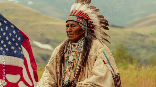 Native American Elder with Traditional Headdress in Natural Landscape : Generative AI