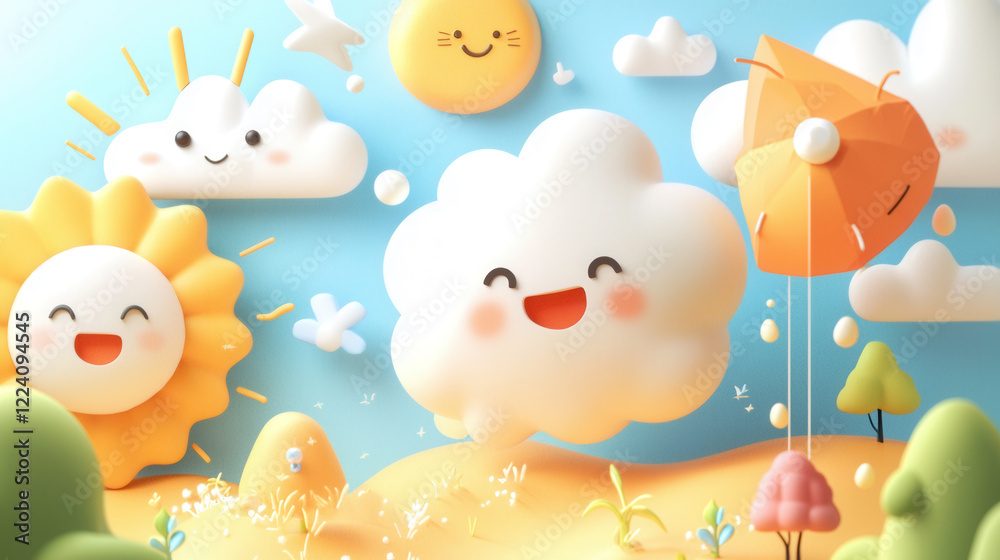 Naklejka premium Joyful weather themed characters with smiling sun, clouds, and playful elements create cheerful atmosphere