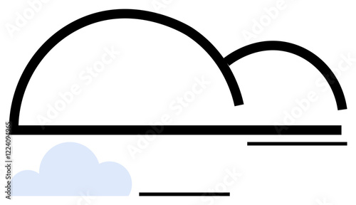 Black semi-circle arches form a horizon with a pastel blue cloud and horizontal lines symbolizing calmness. Ideal for nature, minimalism, abstract art, simplicity, peace, design, abstract line flat