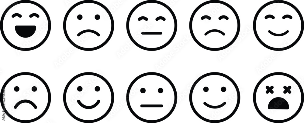 Emotion Icon in line Set. Emoji icon containing happy emotion, sad, smiling, surprised, angry, relaxed, confused, laughing and shocked isolated on transparent background Vector for apps or web Emotion Icon in line Set. Emoji icon containing happy emotion, sad, smiling, surprised, angry, relaxed, confused, laughing and shocked isolated on transparent background Vector for apps or web