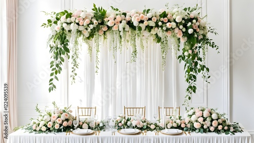 Elegant wedding sweetheart table decorated with lush peach and white floral arrangements hanging overhead and cascading along the table, set against a white curtain backdrop.