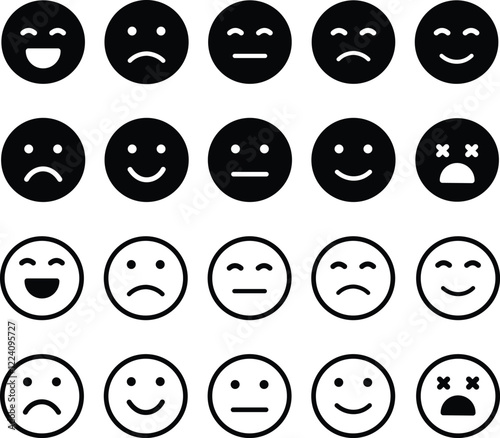 Emotion Icon in flat line Set. Emoji icon containing happy emotion, sad, smiling, surprised, angry, relaxed, confused, laughing and shocked isolated on transparent background Vector for apps or web