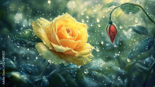 Rain-kissed yellow rose blooms in garden