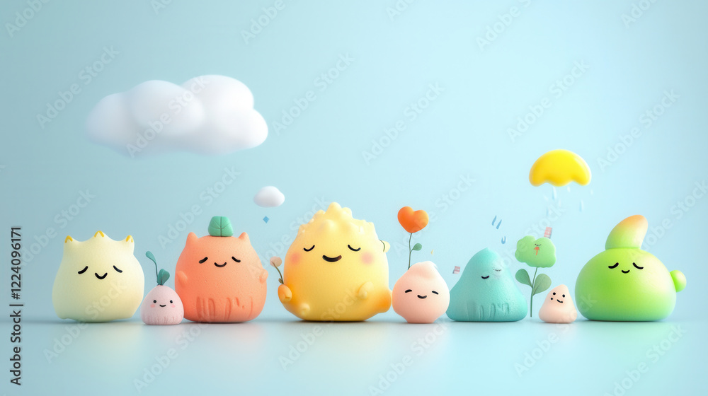 Cute weather themed characters with neutral emotions, featuring various colors and shapes, create cheerful atmosphere Cute weather themed characters with neutral emotions, featuring various colors and shapes, create cheerful atmosphere