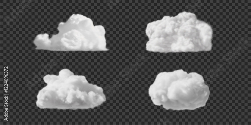 Set of white fluffy clouds, fog or smoke on sky. Realistic vector steam clouds isolated on transparent background