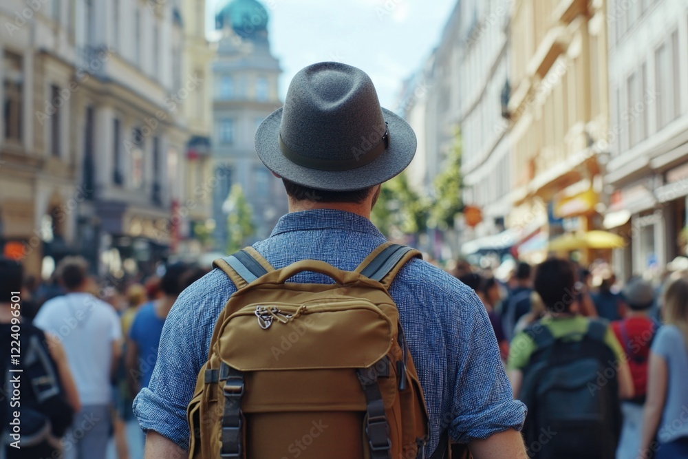 A man wearing a hat and a backpack is walking down a crowded street. The scene is bustling with people and the man is lost in thought A man wearing a hat and a backpack is walking down a crowded street. The scene is bustling with people and the man is lost in thought