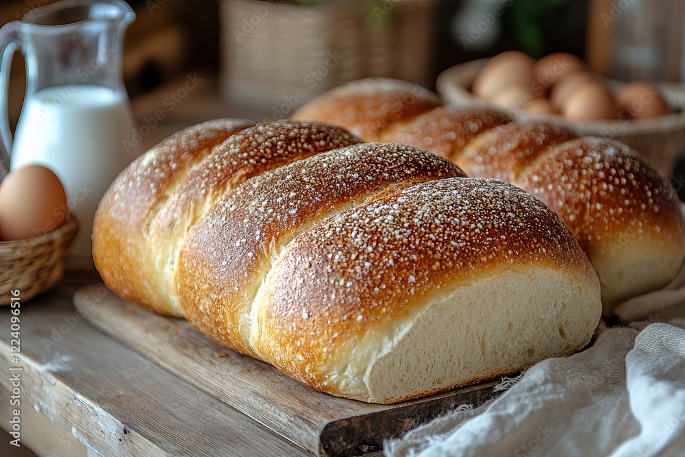 Rustic Charm: Artisanal Bread Loaves on Wooden Display Rustic Charm: Artisanal Bread Loaves on Wooden Display