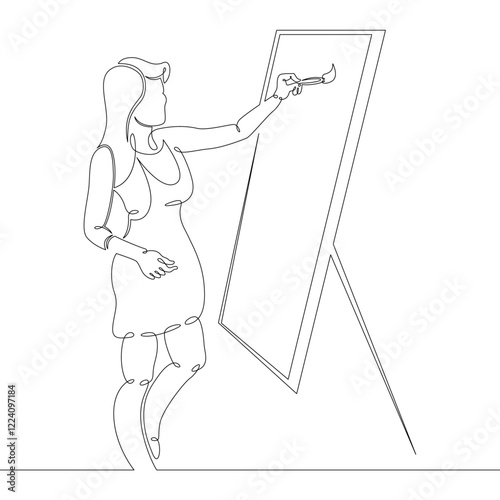 One continuous drawing line logo young woman girl artist paints with a brush on canvas .Single hand drawn art line doodle outline isolated minimal illustration cartoon character flat