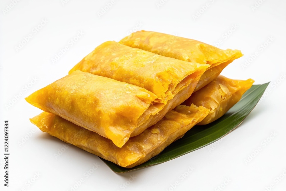 A stack of yellow food wrapped in paper. The food is yellow and looks delicious. The paper is brown and has a pattern. The stack of food is on a white background A stack of yellow food wrapped in paper. The food is yellow and looks delicious. The paper is brown and has a pattern. The stack of food is on a white background
