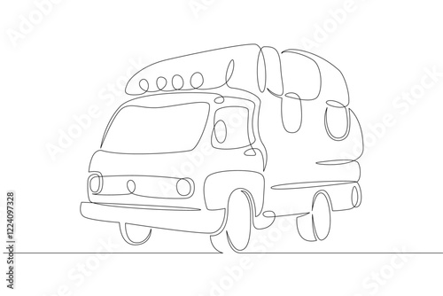 One continuous drawing line logo car caravan, travel trailer, camper,camper trailer .Single hand drawn art line doodle outline isolated minimal illustration cartoon character flat