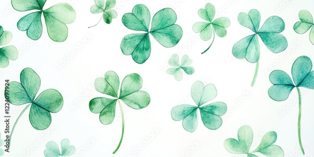 A bunch of green clovers are scattered across a white background. Concept of growth and renewal, as the clovers are often associated with good luck and prosperity A bunch of green clovers are scattered across a white background. Concept of growth and renewal, as the clovers are often associated with good luck and prosperity
