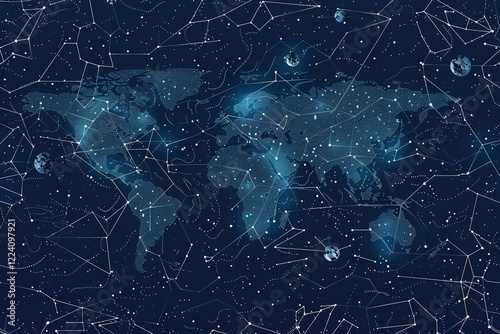 world map modern conceptual image of a world map in the form of a starry sky or space, consisting of points, lines, and shapes in the form of planets.
