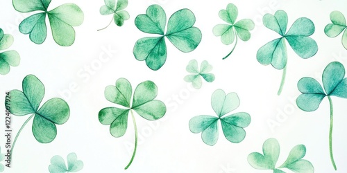 A bunch of green clovers are scattered across a white background. Concept of growth and renewal, as the clovers are often associated with good luck and prosperity