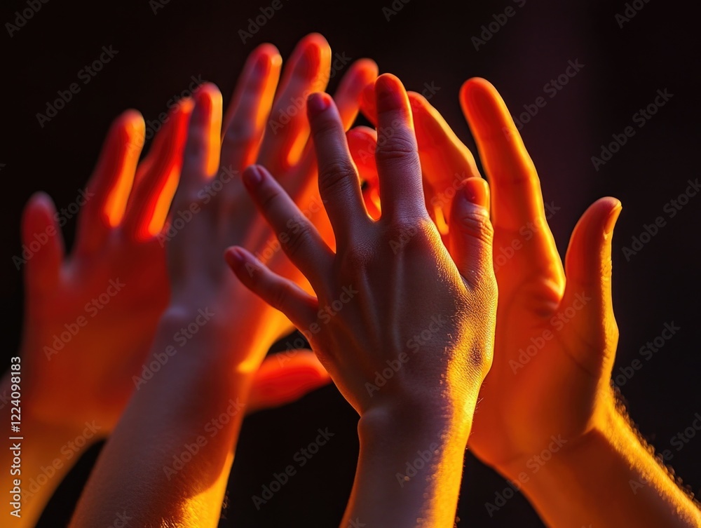 A group of people are holding hands in a circle, with their fingers spread wide. Concept of unity and togetherness, as if the people are connected in some way A group of people are holding hands in a circle, with their fingers spread wide. Concept of unity and togetherness, as if the people are connected in some way