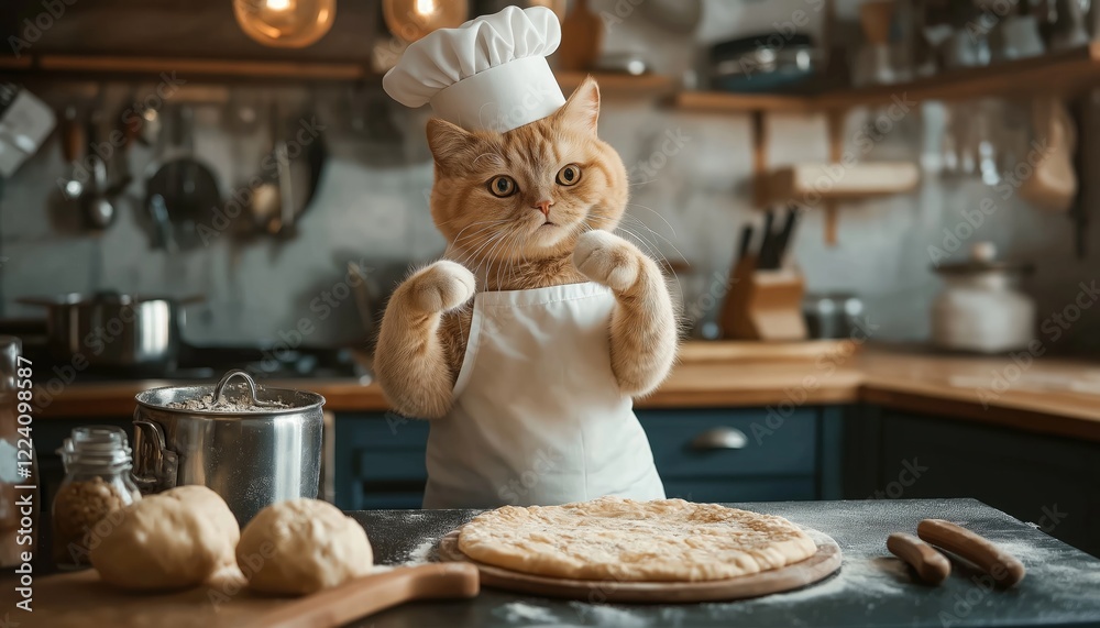 Cat Chef Preparing Dough in Cozy Kitchen with Cooking Utensils Cat Chef Preparing Dough in Cozy Kitchen with Cooking Utensils