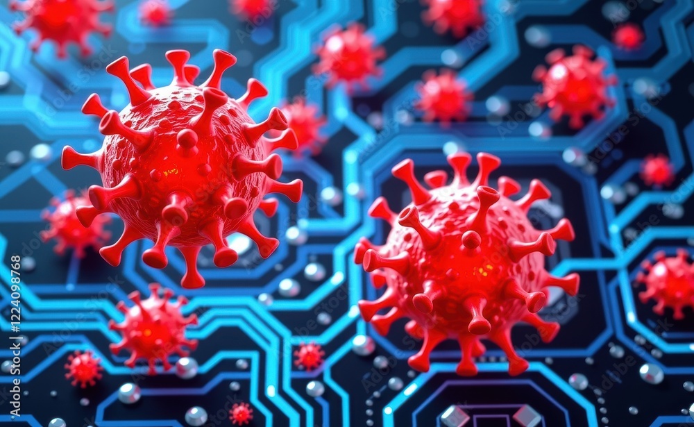 Obraz premium Monster virus on a computer circuit board. 3d rendering