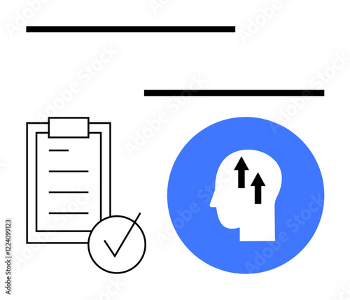 Clipboard with a checklist and a checkmark alongside a profile silhouette with upward arrows, symbolizing growth. Ideal for productivity, progress, leadership, goals, planning, mindset, abstract line