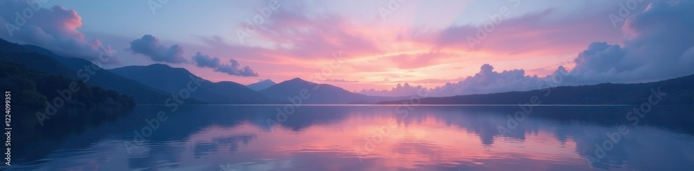Fototapeta premium Soft wispy clouds float above a serene lake surface at dusk, twilight, peaceful