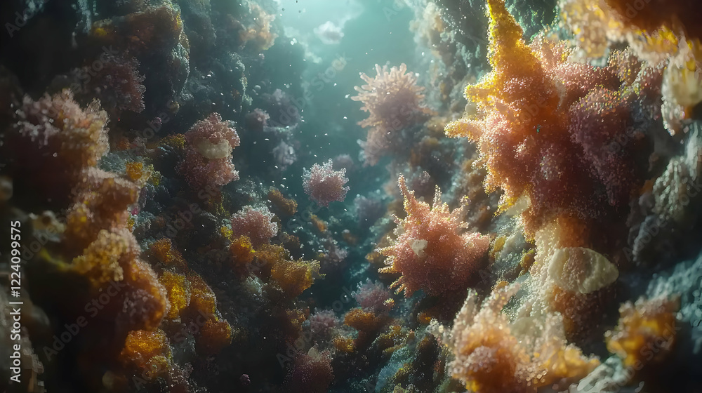 Fototapeta premium Underwater coral reef, vibrant life, sunlight, medical illustration