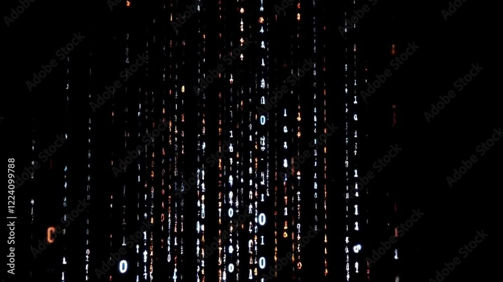 glowing binary numbers, cascading binary code, futuristic digital effects, black background animation, pulsating binary numbers, tech-inspired visuals, glowing code animation, futuristic data