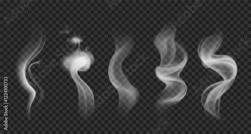 Set of vector realistic smoke, steam, fog. White wavy incense smoke isolated on transparent backdrop