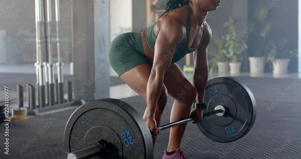 Lifting heavy barbell, woman in gym focusing on strength training workout