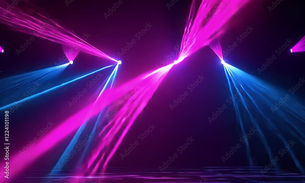 Pink and blue laser lights stage show, dark background, vibrant beams, event backdrop